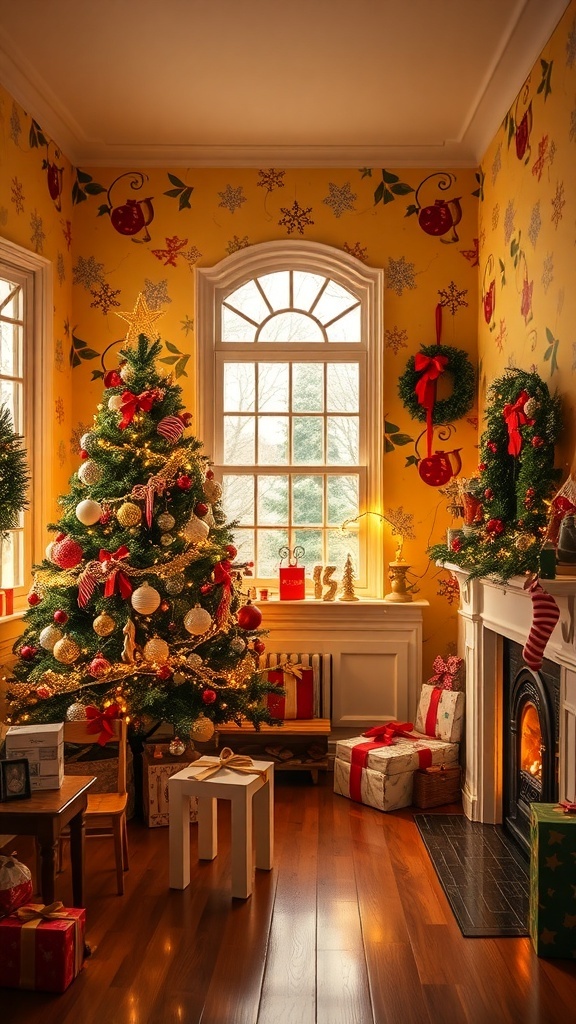 Christmas Aesthetic Yellow Wallpaper Design A festive room with yellow Christmas wallpaper, decorated with a Christmas tree and holiday ornaments.